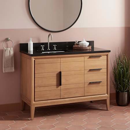 Signature Hardware Aliso 48" Freestanding Teak Single Basin Vanity Set with Cabinet, Vanity Top, and Rectangular Undermount Sink - 8" Widespread Faucet Holes Natural Teak / Carbon Black